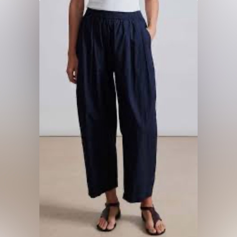 AMO  Sz L-XL 100% Linen Harem Gathered Hem Polka Dots Soft Waist Slinky Pants